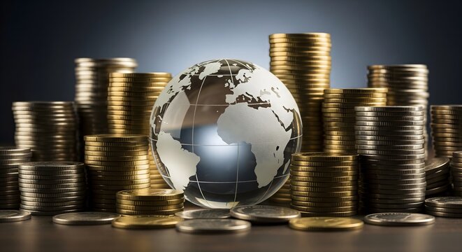 Glass World Globe Surrounded by Stacks of Gold Coins, Global Finance Concept, International Investment Growth, Banking Wealth Accumulation, Economic Market Expansion and Monetary Success 