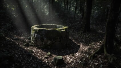 Mysterious Stone Well in a Dark Forest with Sunbeams.
