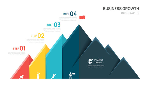 4 Step Business mountain pyramid infographic ascending Steps success strategy and financial growth process. presentation vector infographics.