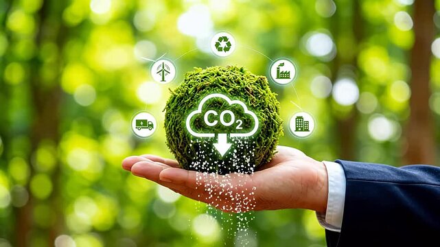 Green energy and eco technology concept showing hand with nature grass sphere and environmental graphics, representing climate change solutions, zero emission goals, and circular economy.