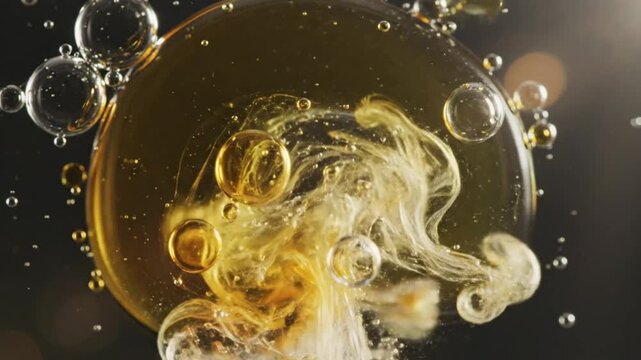 Abstract macro shot of liquid with swirling golden ink creating bubbles against a dark background.