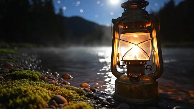An old lantern illuminates the misty riverbank under a starry night sky.