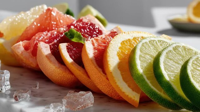 Vibrant citrus fruit slices with ice cubes for refreshing natural health