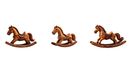 A set of cute brown wooden toy horses is shown separately on a white background
