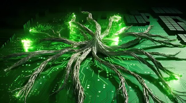 futuristic digital tree with roots intertwined on a vibrant green circuit board