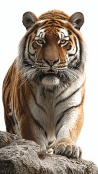 tiger standing on rock, orange and white fur, intense gaze, isolated on transparent background, png