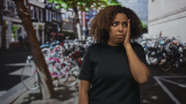 Woman touching face with hand on street beside parked bicycles and building facades in amsterdam, conveying a weary reaction; urban frustration.