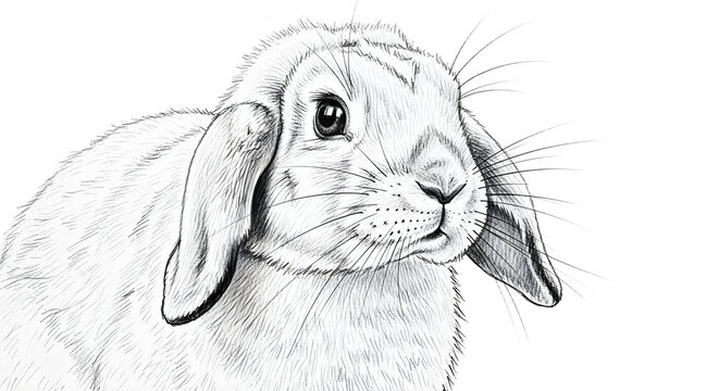 Detailed black and white illustration of a rabbit's head showcasing its large ears and expressive eyes with intricate shading and texture.