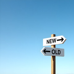 The way forward from the old to the new word on signposts with copy space on panoramic sky background, business opportunity and change improvement concept