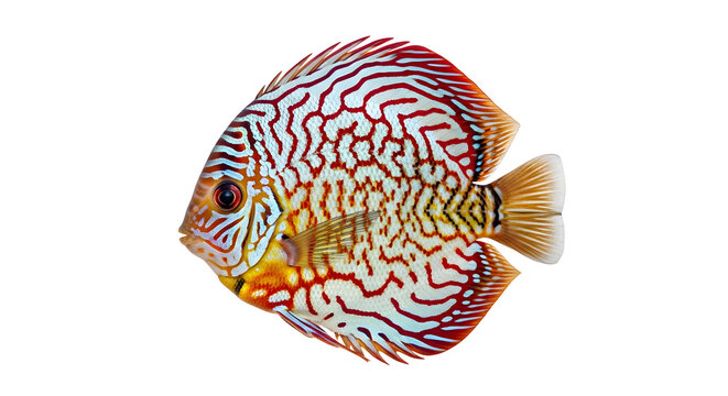 Discus fish with vibrant red and white stripes and orange accents swimming in a captivating display of aquatic beauty and color.