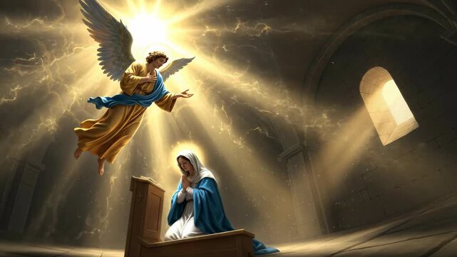 The celestial Archangel Gabriel brings the divine Annunciation message to devout Blessed Virgin Mary, announcing the holy conception of Jesus Christ for mankind's ultimate salvation