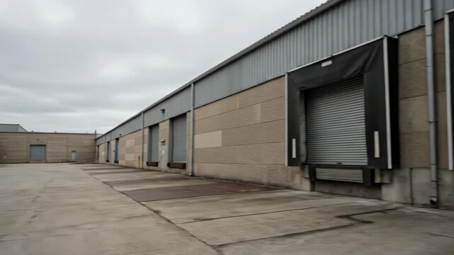 Row of loading docks at a large industrial warehouse under a cloudy sky in a commercial logistics area