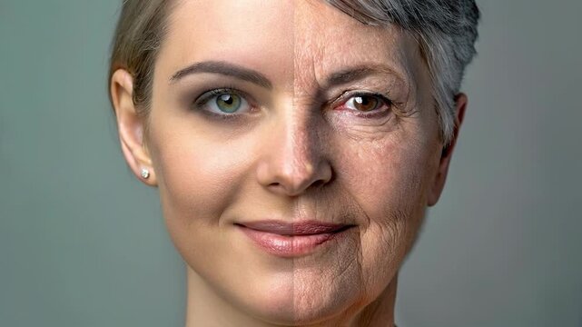 Transition from young to older woman concept. Young and elderly woman split face showing aging process and skin transformation concept
