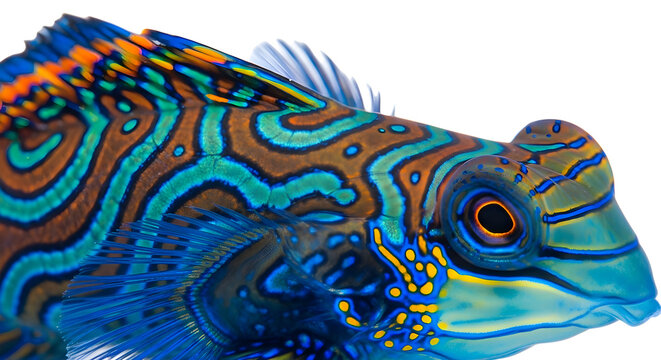 Vibrant mandarin fish showcasing intricate patterns and bright blue green orange hues on its body against a clean white background for optimal visual appeal.