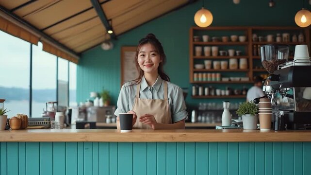 Smiling young asian barista woman holding a cup of coffee behind a modern cafe counter with a scenic ocean view through large windows