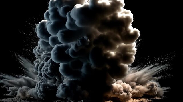 A voluminous, billowing cloud explosion, rendered in shades of grey against a black backdrop