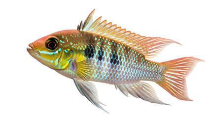 Fototapeta premium Vibrant colorful fish swimming with fins and scales prominently displayed against a plain white background showcasing its natural beauty and aquatic characteristics.