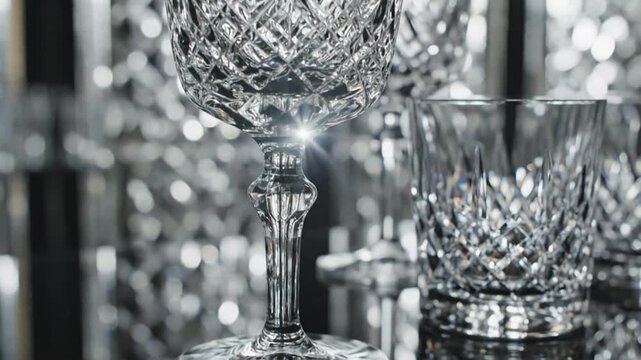 Elegant crystal glasses sparkle with intricate patterns on a reflective surface