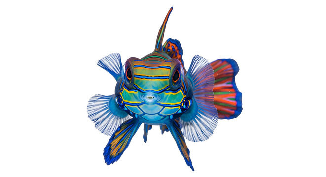 Vibrant mandarin fish swimming against a clean white background showcasing its stunning colorful scales and intricate fin details.