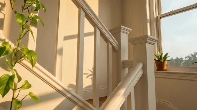 Sunlight illuminates a white wooden staircase decorated with trailing green ivy plants and potted succulents by a bright window in a cozy home
