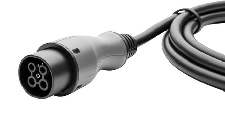 Naklejka premium Electric vehicle charging cable with a coiled cord and connector isolated on transparent background