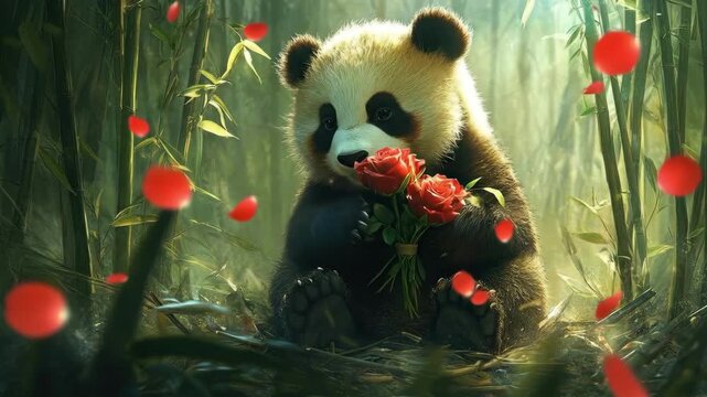 Adorable panda cub holding red roses in bamboo forest. The 14th of February. Happy Valentine's Day