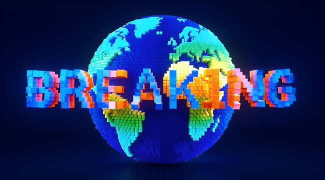 Pixelated world with breaking news title against a dark blue backdrop