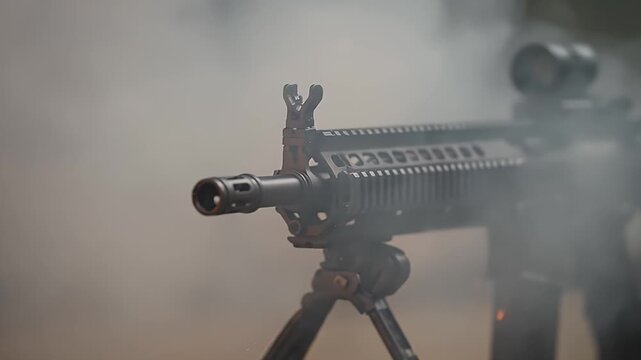 rifle on tripod with scope sparks smoke in cinematic weapon setup