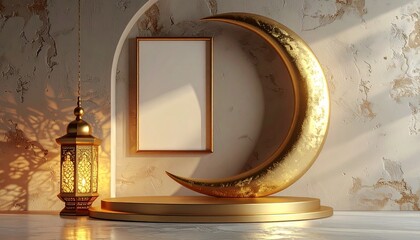 Islamic Ramadan mockup with blank frame, golden crescent moon and lantern, festive branding presentation concept