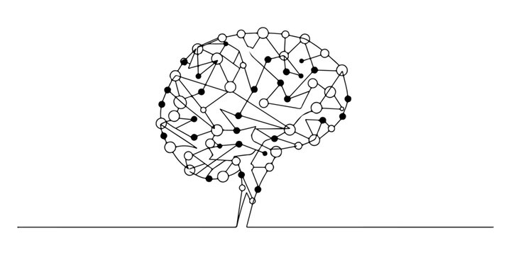 Continuous one line of interconnected nodes forming a brain shape, captured in a technological and futuristic continuous line art style, symbolizing innovative thinking, drawn illustration.