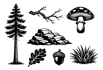 Fototapeta premium Hand drawn forest elements set featuring a pine tree, mushroom, rocks, and an acorn for nature-themed design projects