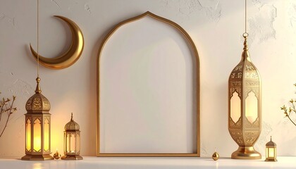 Islamic Ramadan mockup with blank frame, golden crescent moon and lantern, festive branding presentation concept