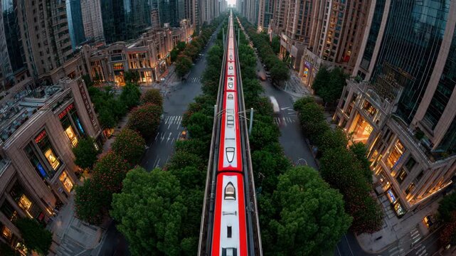Aerial perspective of a city with a red train traversing a verdant landscape