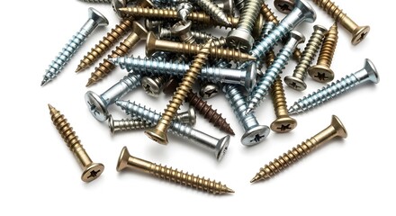 Close-up view of a scattered collection of assorted metallic screws, showcasing a variety of sizes and finishes, essential hardware components for construction and fastening projects
