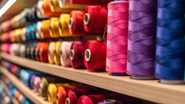 Colorful spools of thread arranged neatly on wooden shelves, creating a vibrant background.