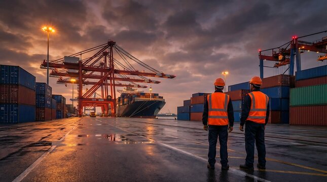 Two workers in safety vests watch a large container ship loading with cranes at a busy industrial port at twilight.