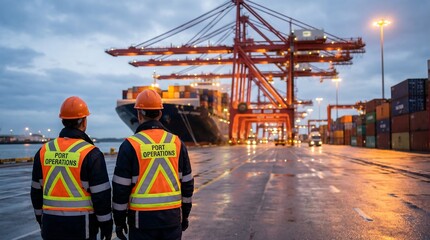Fototapeta premium Two port operations managers in branded safety vests observe a large container ship being loaded by cranes at a busy terminal at dusk.