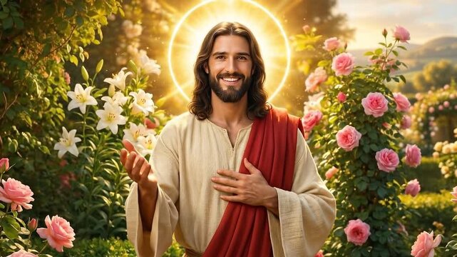Portrait of Jesus Christ with Crucifixion Background at Sunset: A dramatic depiction of the Savior standing in a field with a blurred cross and stormy sky.