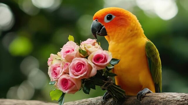 Vibrant parrot holding pink roses in lush greenery. The 14th of February. Happy Valentine's Day