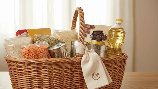 A food donation basket filled with essential groceries for charity. Helping those in need and supporting the community for Ramadan and Eid al-Fitr.