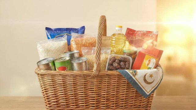Basket full of food items and groceries for charity. Essential food donation hamper for Holy Ramadan. Poverty aid and gift.