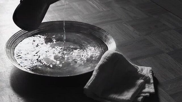 Black and white slow motion pouring water into basin for foot washing ceremony