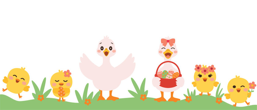 Spring Holiday Border with Adorable Birds and Easter Egg Basket Easter Bottom Border Design with Cute Animals on Green Grass Festive Easter Frame with Duck Chicks Flowers and Egg Basket