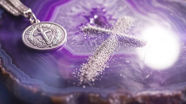 Silver religious medallion and cross made of ashes on purple agate surface