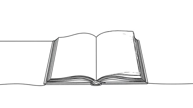 Single-line drawing of a book opening pages and turning them with a pencil animation on white background