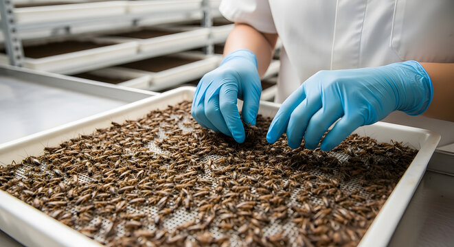 A worker inspects crickets at a modern insect farm, representing a sustainable and alternative protein source for the future of food.