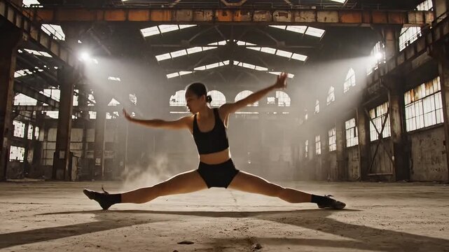 Dynamic female athlete executes a powerful straddle split amidst a dusty abandoned factory, showcasing extreme flexibility and strength under dramatic natural light