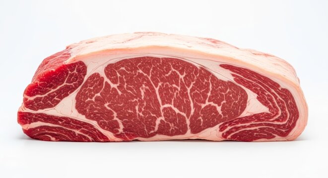 Premium raw beef ribeye primal cut with marbling on white background
