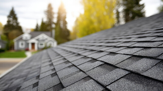 Asphalt roof shingles on residential house in suburban neighborhood