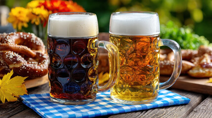 Two glasses of beer with a foamy head next to pretzels create an inviting atmosphere for Oktoberfest celebrations and a taste of Bavarian culture